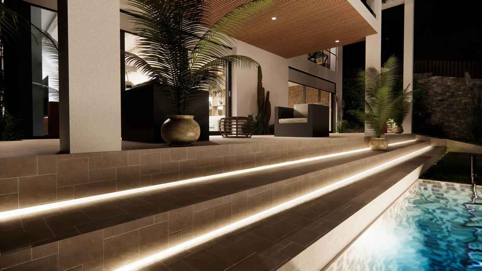 Piscina illuminata per villa con vista serale - Architetto Online