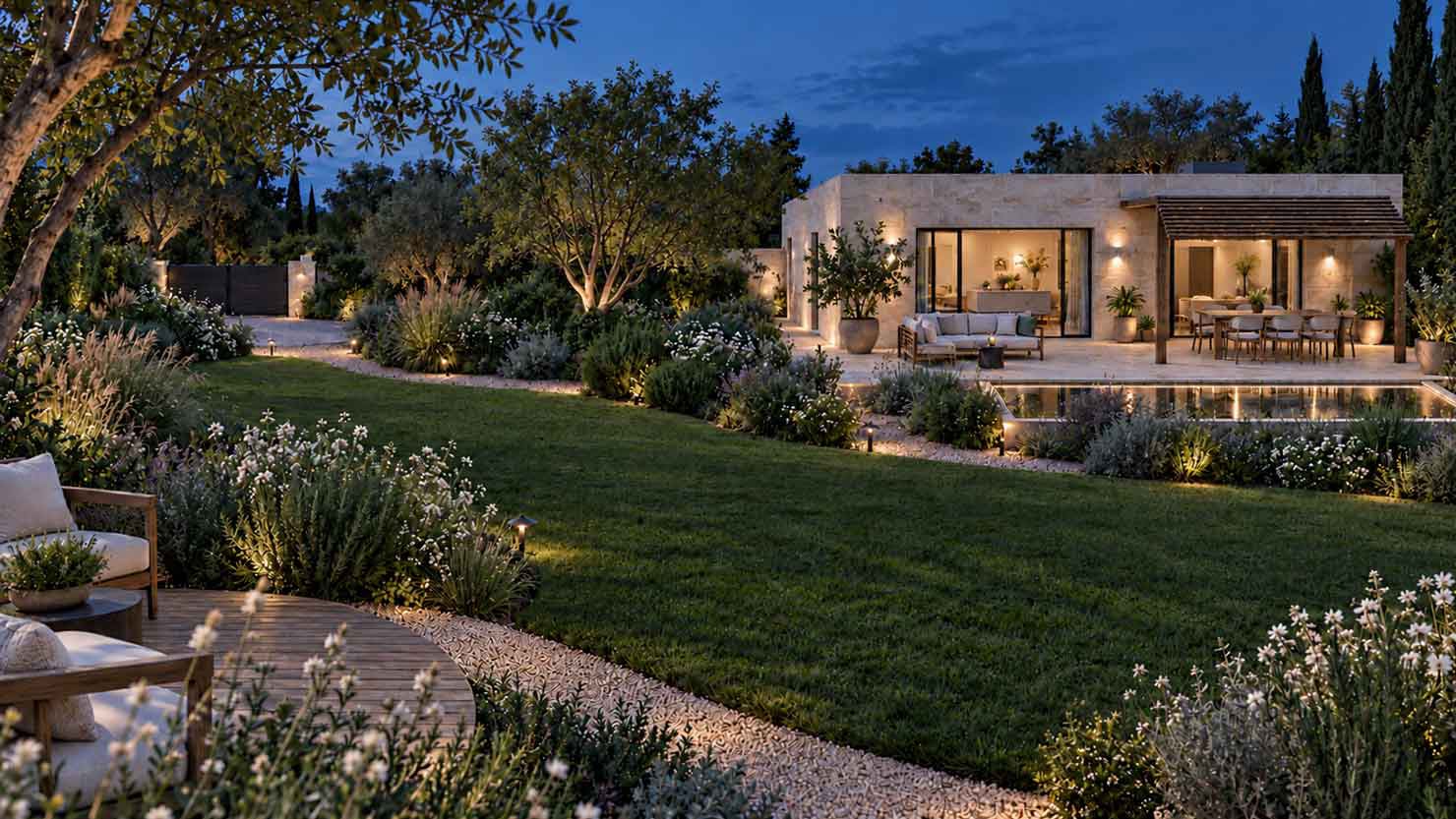Vista serale villa illuminata - Progettazione Giardino Online